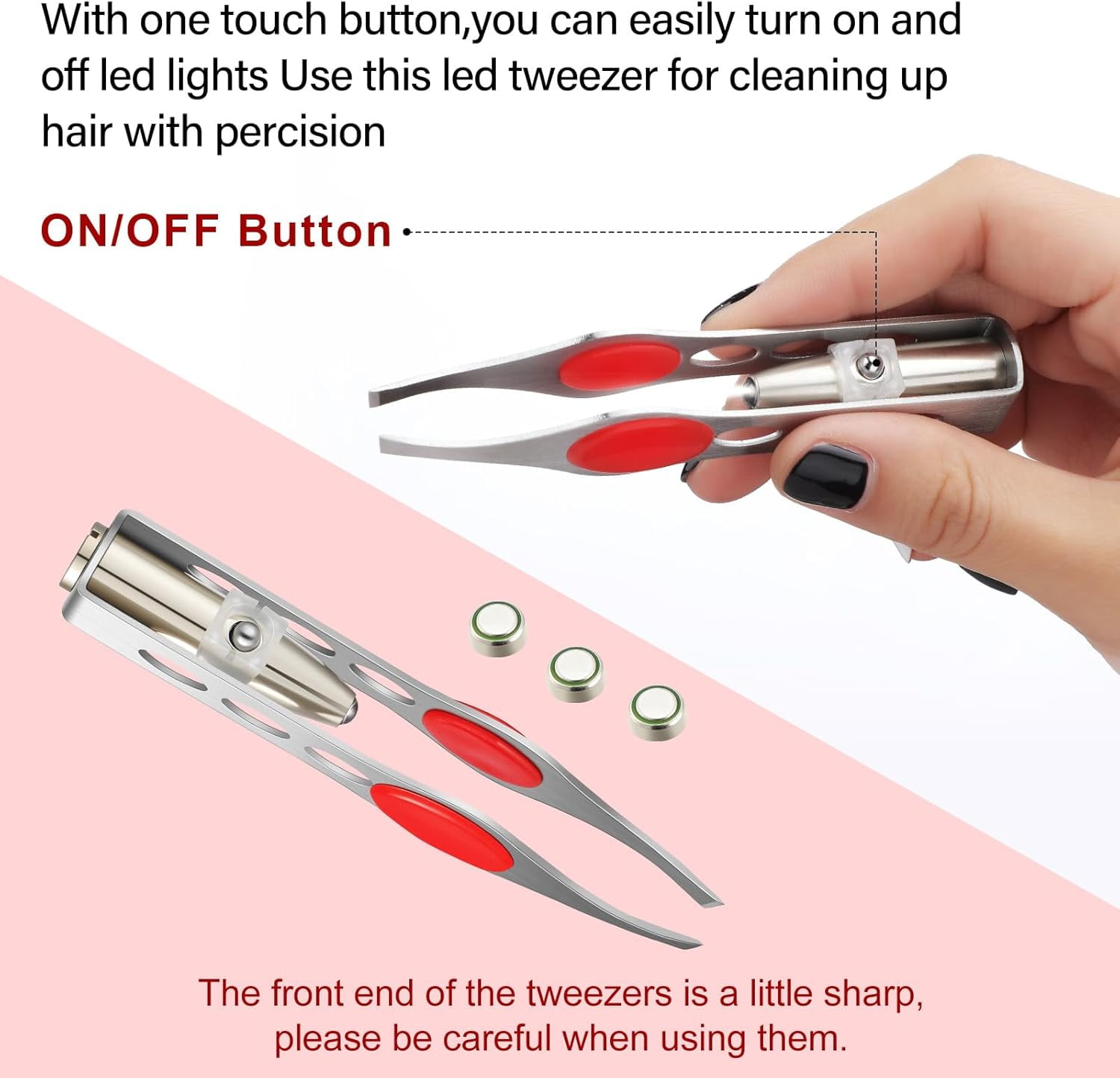 Light Stainless Steel Tweezers with LED, Makeup Eyelash Eyebrow Hair Removal Illuminating Lighted Tweezers for Precision