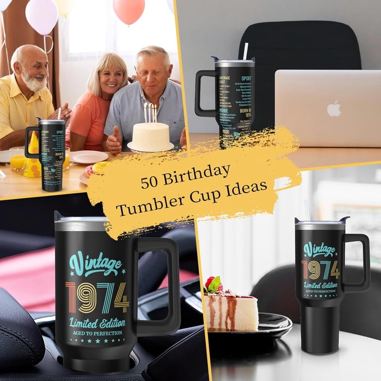 50th Birthday Gifts For Women - 40 Oz Insulated Tumbler With Handle & Straw, 1974 Themed Cup