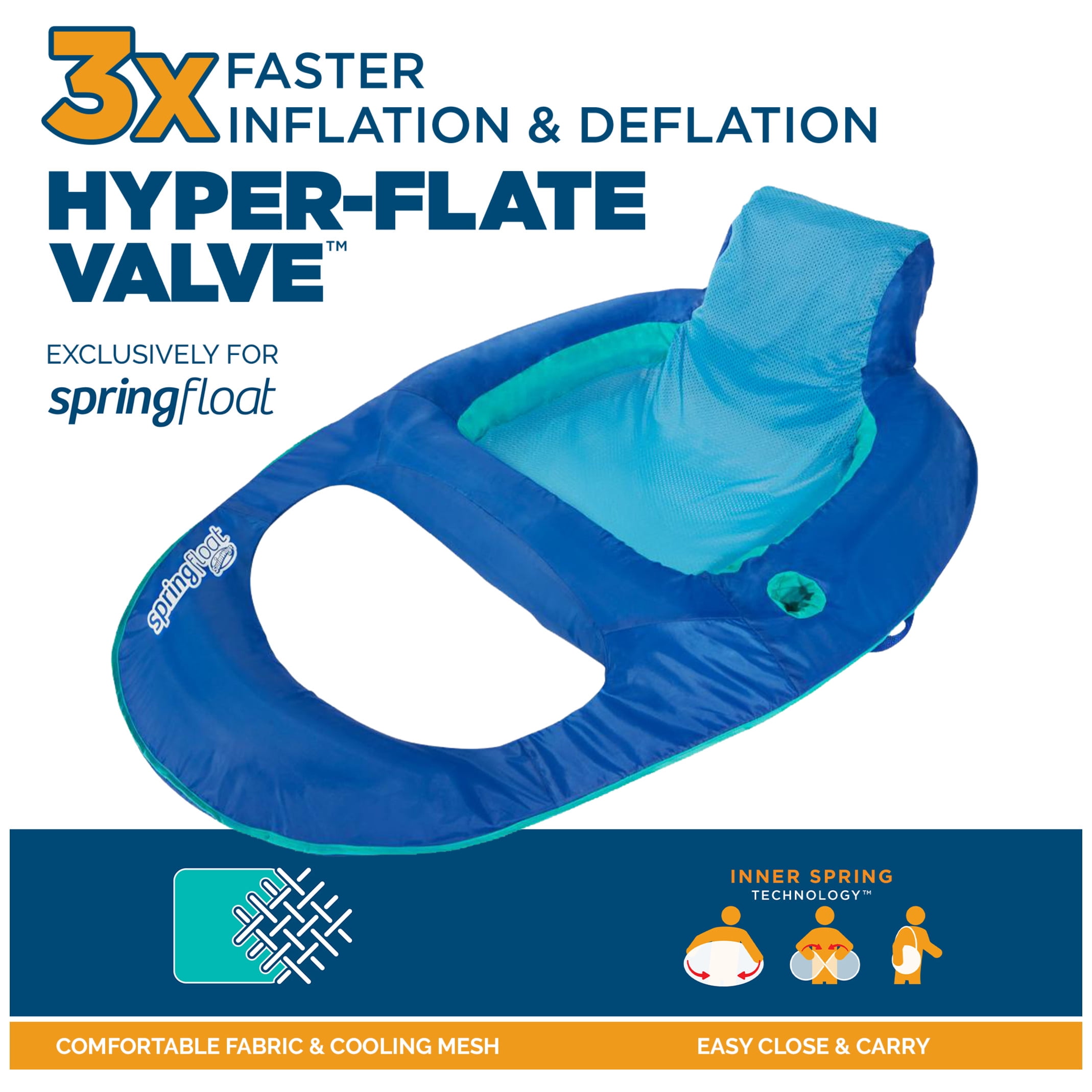SwimWays Spring Float Recliner Chair for Swimming Pool, Inflatable Pool Floats Adult with Fast Inflation, Cup Holder & Foot Rest for Ages 15 & Up, Blue
