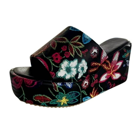 

Jsezml Wedges for Women Chunky Heels Floral Print Open Toe Casual Platform Sandals Summer Outdoor Non-Slip Walking Shoes