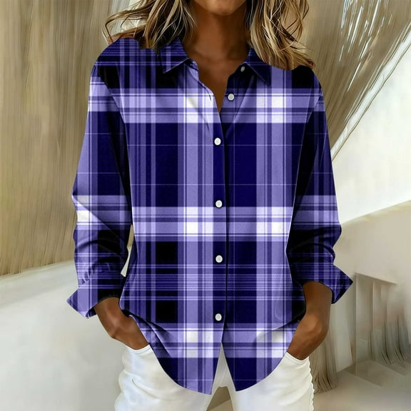 Dressy Plaid Shirts for Women Casual Long Sleeve Lapel Button Down Blouse Oversized Fall Winter Shirt Jackets