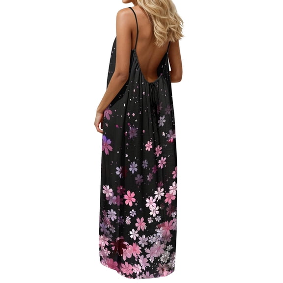 SELONE Backless Cami Dresses for Women Hawaiian Maxi Dresses Floral Sleeveless Cami Sundress Crew Neck Outfits Black XL