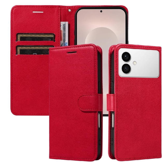 Étui Portefeuille pour Samsung Galaxy S26 Edge à Rabat avec Fentes pour Cartes, Support Magnétique et Sangle Rouge