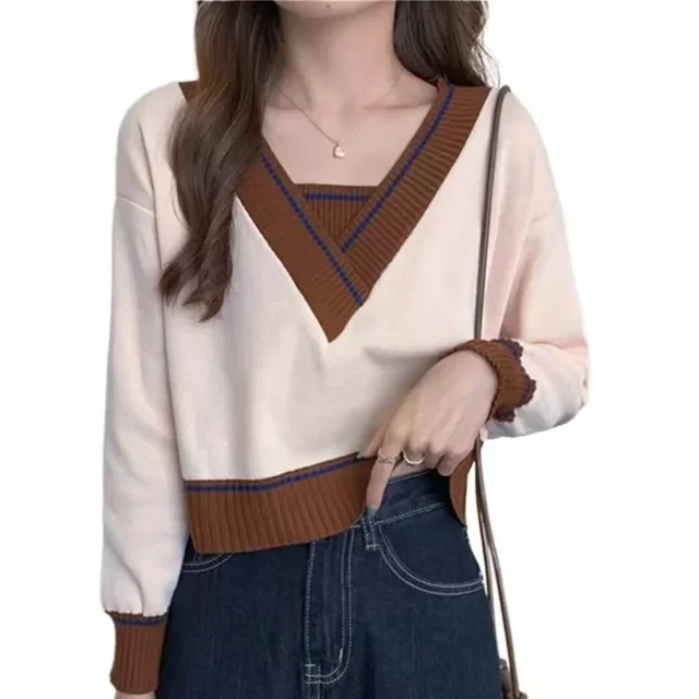 Suéter Punto Color Costura Con Cuello En V Moda Cómodo Mujer