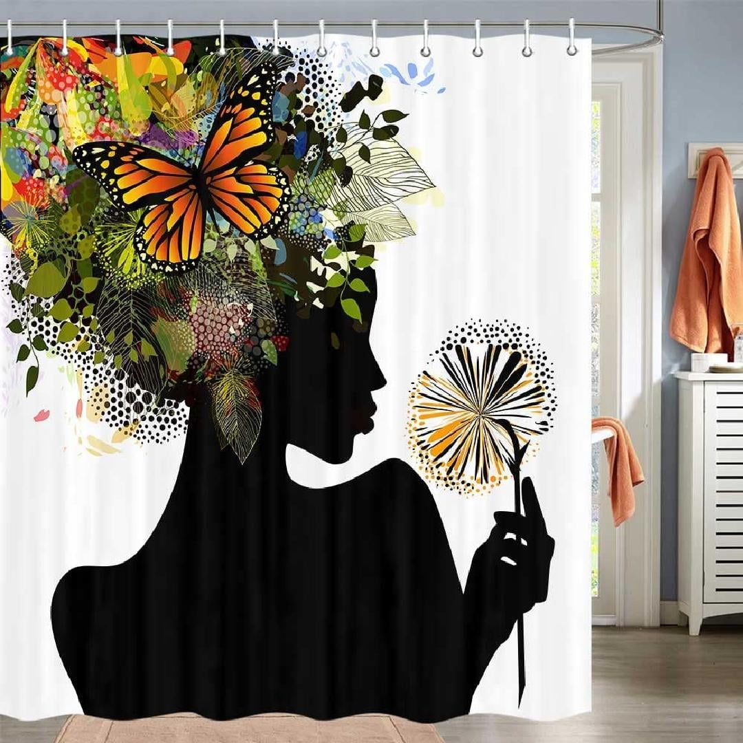 Black Girl Shower Curtain, Butterfly with Black Woman Bath Curtain