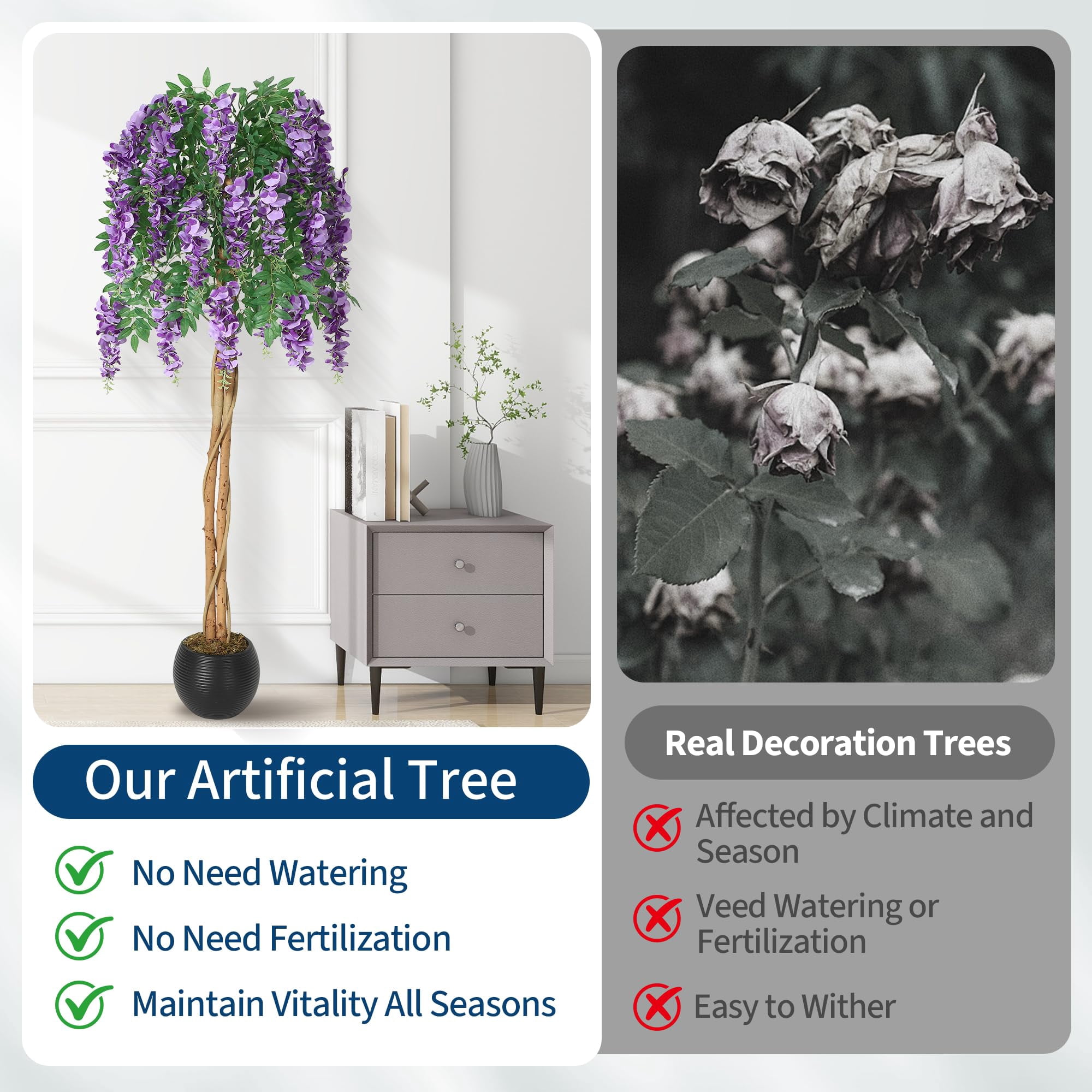 Huisuilinss Artificial Purple Blossom Tree,Artificial Purple Bean Flower Tree,Potted Faux Flower Tree,Silk Faux Plant Fake Tree With Double Trunk,Hanging Vine,Moss For Office Wedding Photo Backdrop