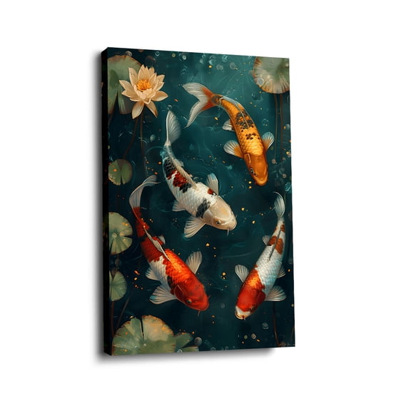 “Colorful Koi & Lotus” Zen Canvas Wall Art Ready to Hang for Living Room and Bedroom