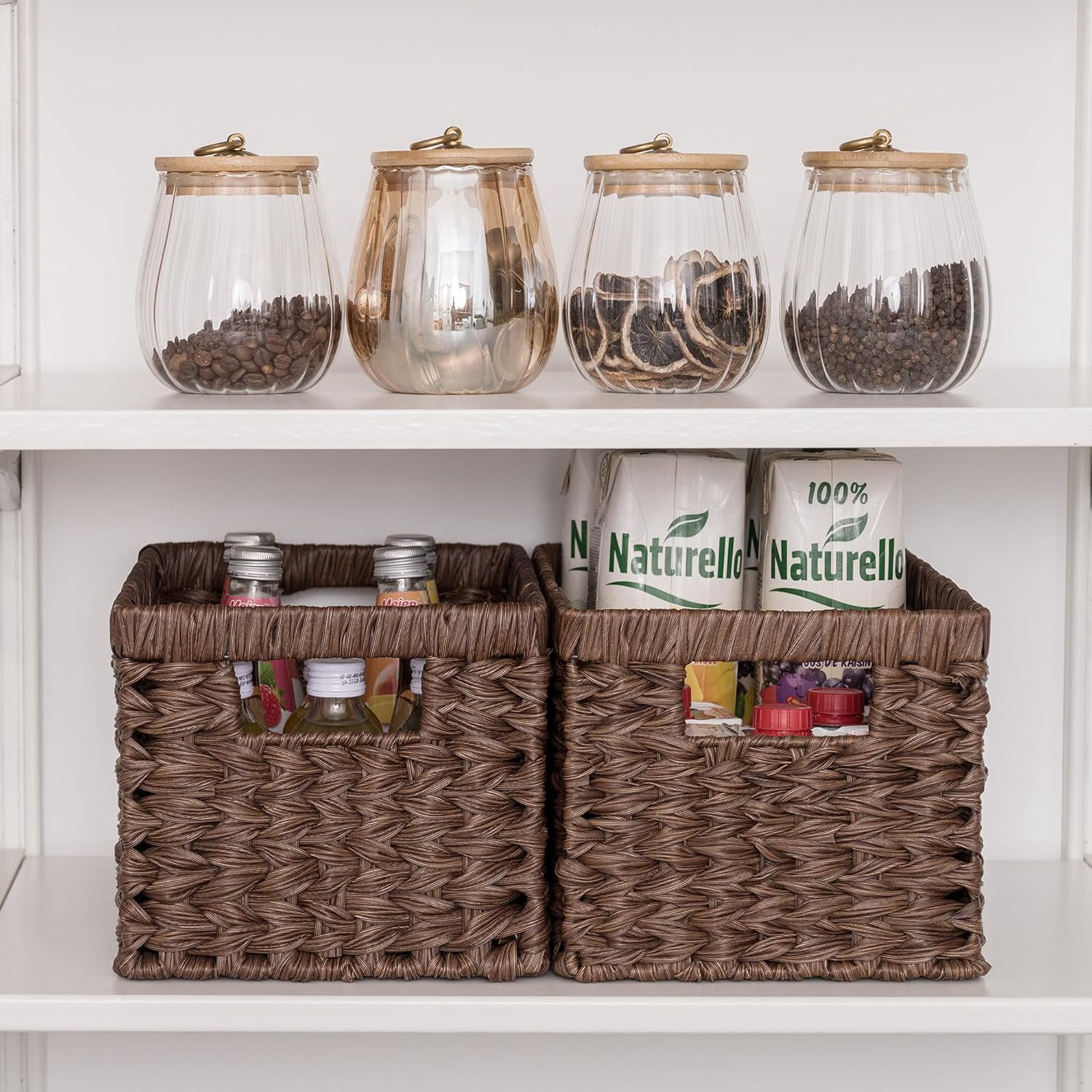 GRANNY SAYS Wicker Storage Baskets for Shelves, Waterproof Woven Baskets for Organizing, Hand Woven Rectangle Basket for Pantry, Brown, 2-Pack