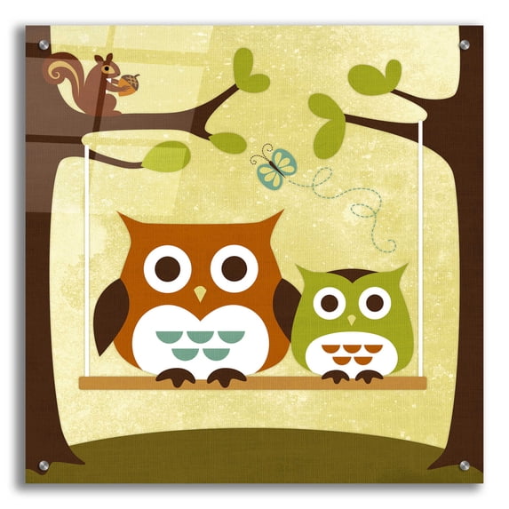 Epic Art 'Two Owls on Swing' by Nancy Lee, Acrylic Glass Wall Art, 24"x24"