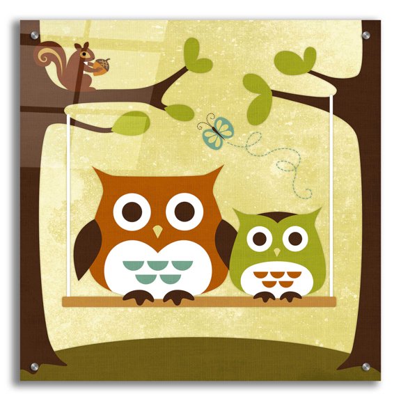 Epic Art 'Two Owls on Swing' by Nancy Lee, Acrylic Glass Wall Art, 24"x24"