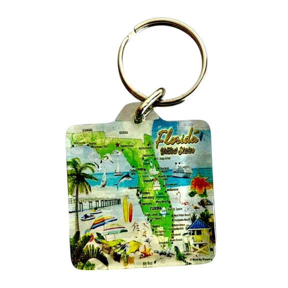 Florida Map Acrylic Square Souvenir Keychain 1.5" X 1.5"