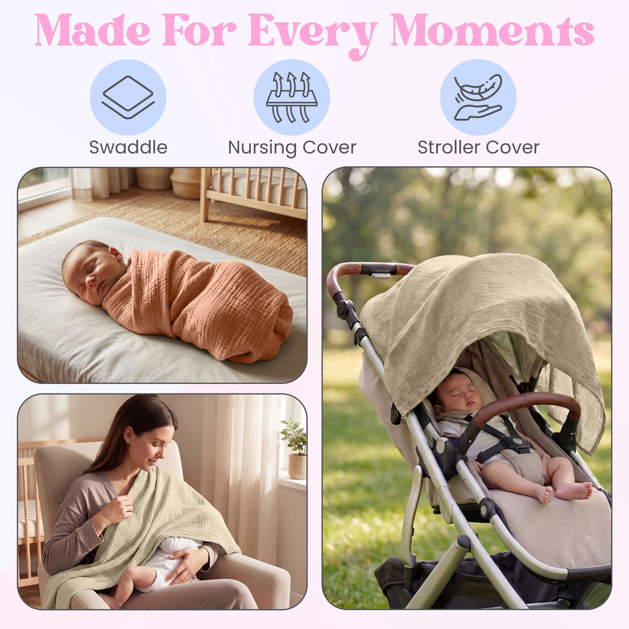 Mère & Moi: Muslin Baby Blanket – 2 Pack, Peach & Cream - 40x36", Double Layer Cotton Swaddle, Lightweight-Breathable, Oeko-TEX, Newborn-Toddler Wrap
