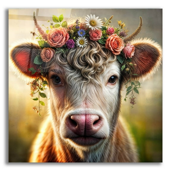 Epic Art 'Cow Flowers Portrait' by Rey Klimt Acrylic Glass Wall Art, 12" x 12"