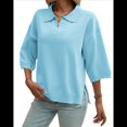 thumbnail image 3 of Suéter Tipo Jersey para y Otoño, de Color Liso, Informal, Holgado, de Punto, con Cuello en V y Mangas A Media Pierna Azul L, 3 of 7