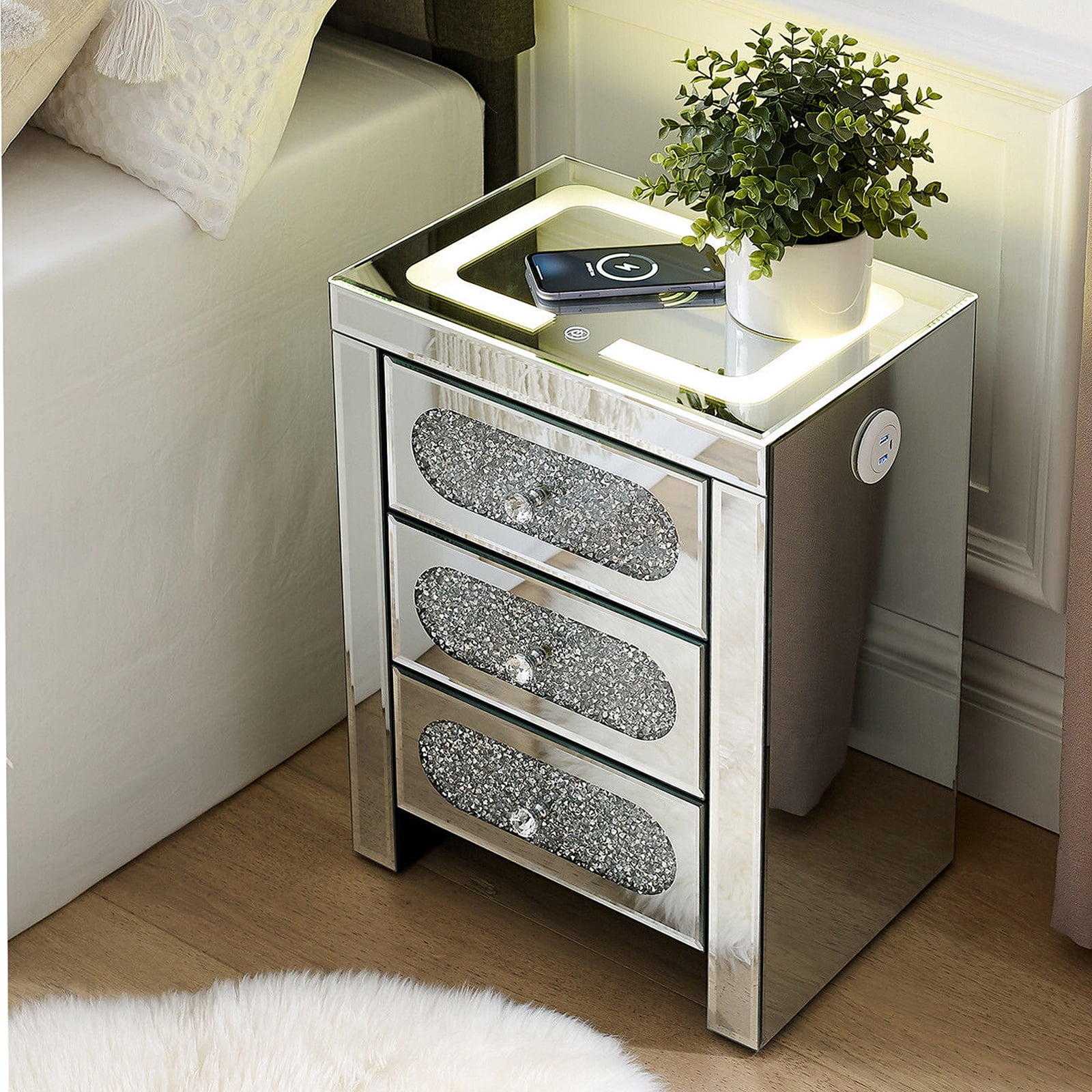 COSVALVE 3 Drawers Mirrored Nightstand Silver Glass Crystal Design Rectangle End Table with