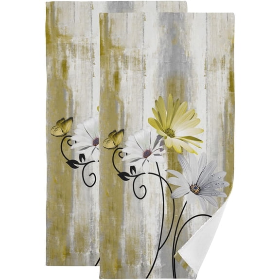 Yellow White Daisy Hand Towels for Bathroom Set of 2 Soft Absorbent Rustic Flower Butterfly on Country Wood Small Bath Towels Decorative Farm Kitchen Dish Towel Guest Bathroom Towels 28x14in