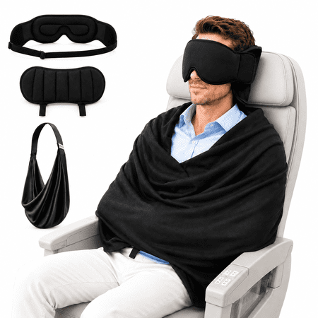 Travel Pillow with Eye Mask, 3-in-1 Airplane Sleep Support Set with Adjustable Head Support Strap and Wrap-Around Travel Blanket, Portable Travel Essentials for Flight, Car & Train