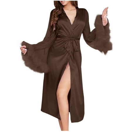 Satin Long Bathrobe for Women Patchwork Mesh Sleeve Pajama Sleepwear Bridal Robes Loungewear Long Lingerie Gowns S-120 Brown L