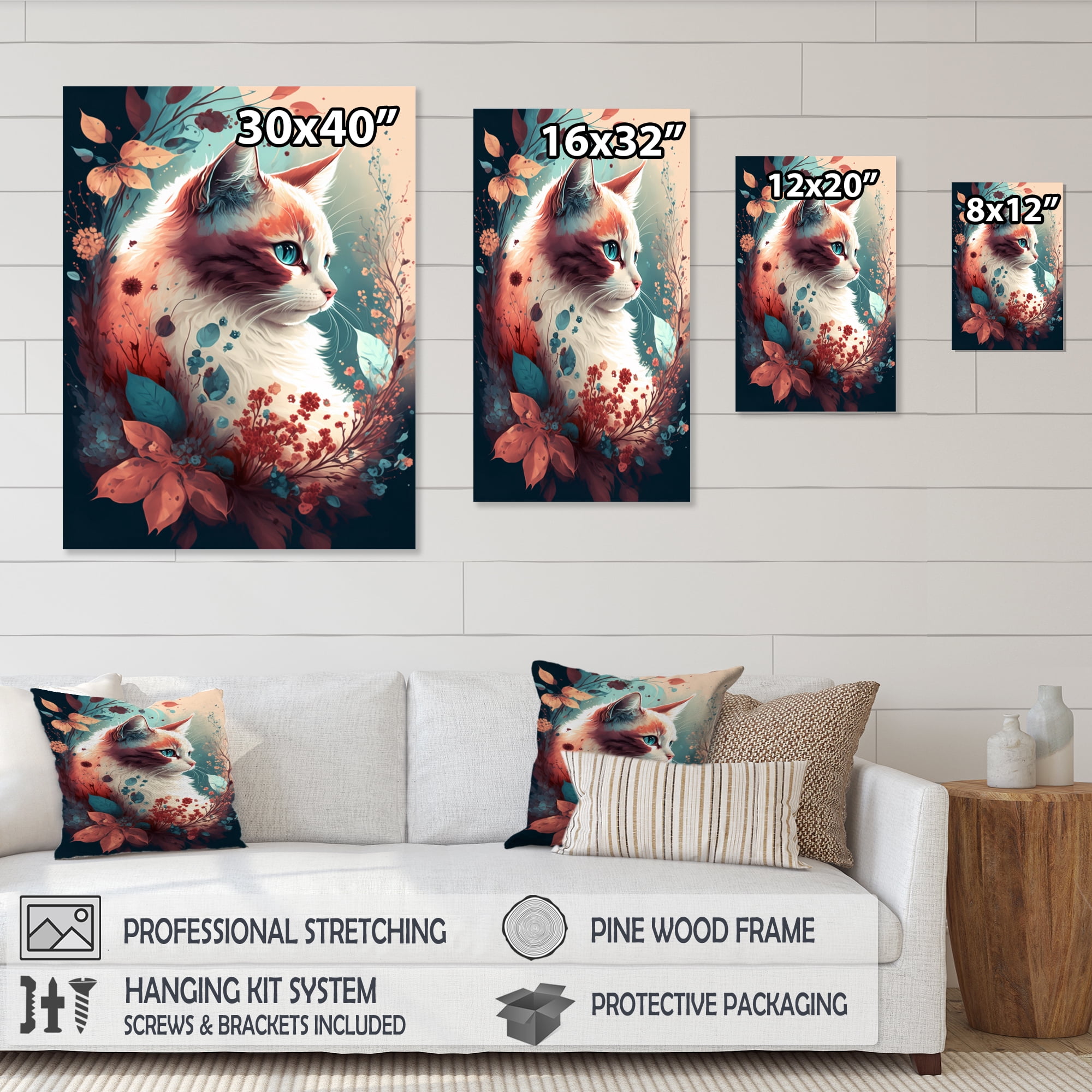 Designart Cute Cat Floral Art II Canvas Wall Art