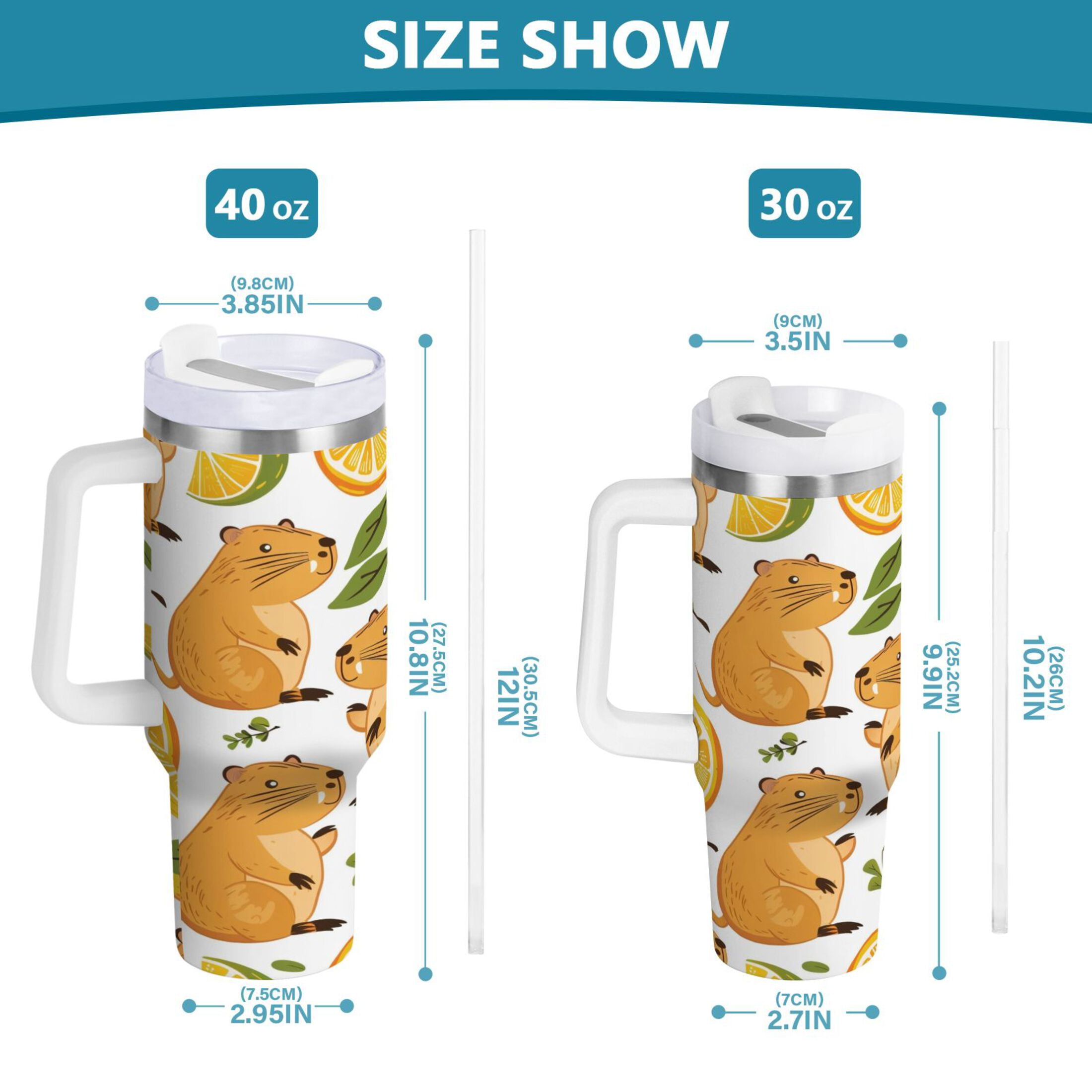 Funny Baby Capybaras and Orange Tumbler with Handle and Straw Lid 30 oz Insulated Vacuum Water Bottle Stainless Steel Travel Cup