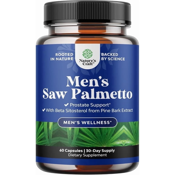 Natures Craft Saw Palmetto for Men w/ Beta Sitosterol, Prostate Health Supplements, 60 Capsules