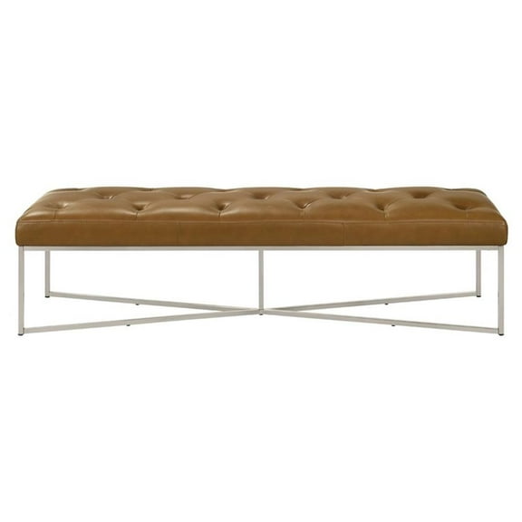 Pemberly Row 60" Hand Tufted Genuine Leather Metal Frame Bench in Tan
