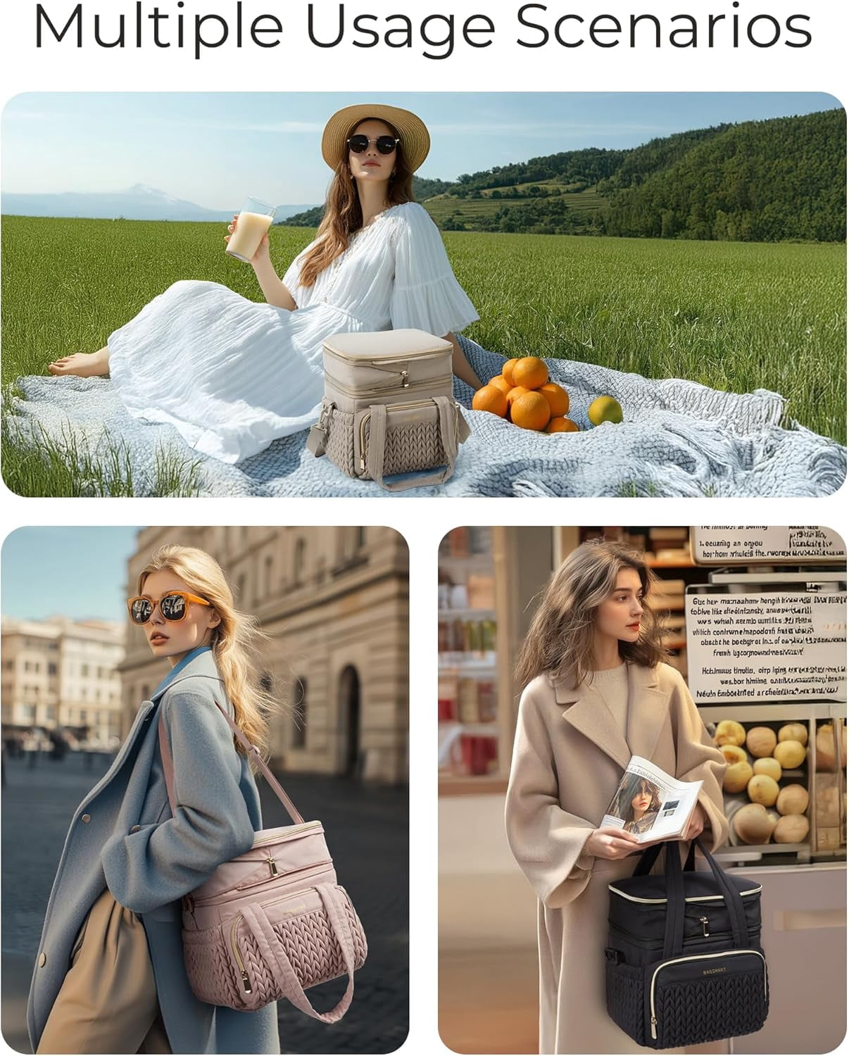 Insulated Lunch Box for Women, Double Deck Leakproof Cooler Bag with Expandable Design for Office Work & Outdoor Picnic