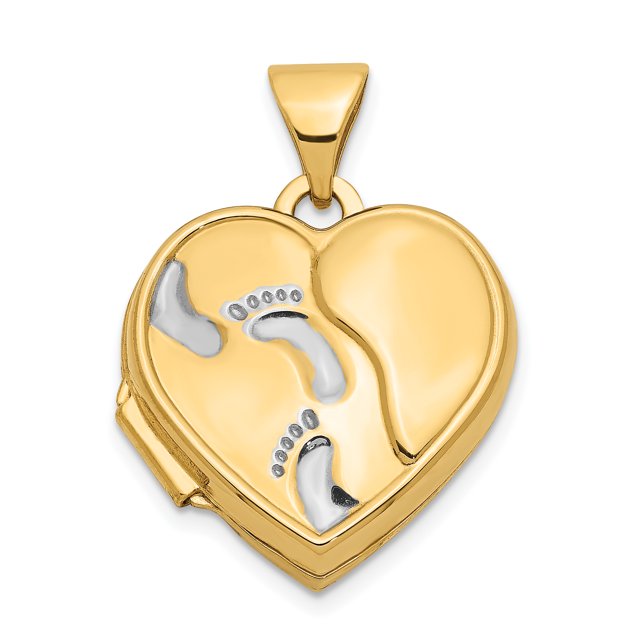 14K Yellow Gold w/Rhodium 15mm Heart Foot Prints Locket