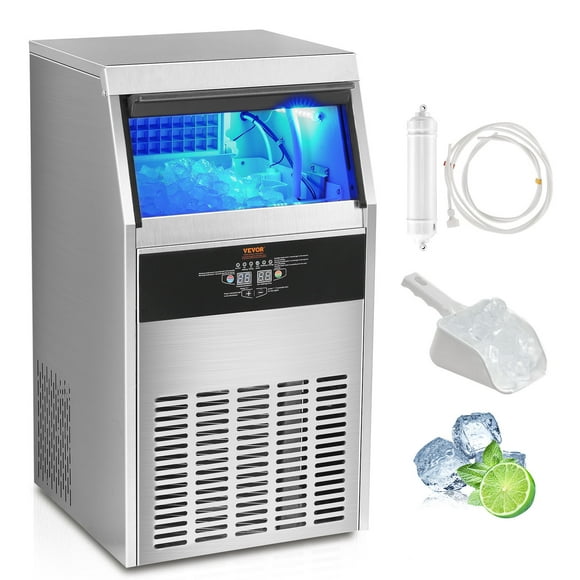 VEVOR Máquina para hacer hielo comercial, 130 lb/24 h, máquina para hacer hielo, 60 cubitos de hielo en 12-15 minutos, máquina para hacer hielo independiente con gabinete con capacidad de