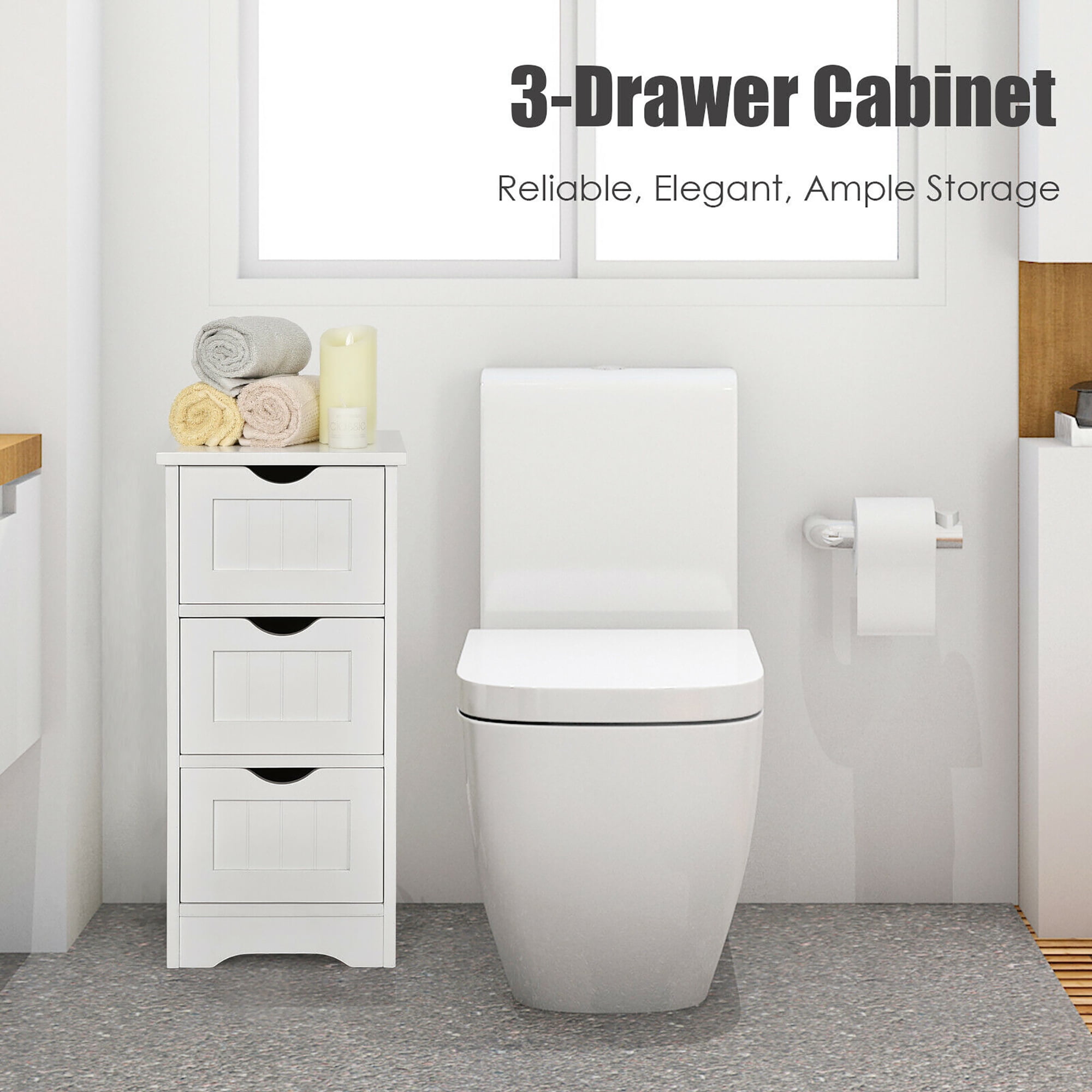 Costway White Floor Storage Cabinet Bathroom Organizer Free Standing 3 Drawers
