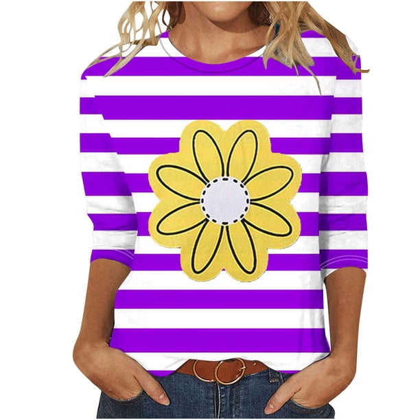 Camisetas Casuales de las Mujeres de Moda Impresa 3/4 Mangas Blusa Cuello Redondo para el Hogar Y Diario