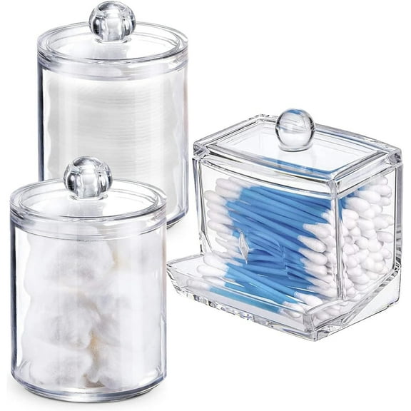 RUseeN Swab Holder Canisters with Lid, Bathroom Qtip Dispenser Apothecary Jars, Clear Plastic Cotton Ball Pad Container for Cotton Swabs, Q-Tips, Make Up Pads, Cosmetics