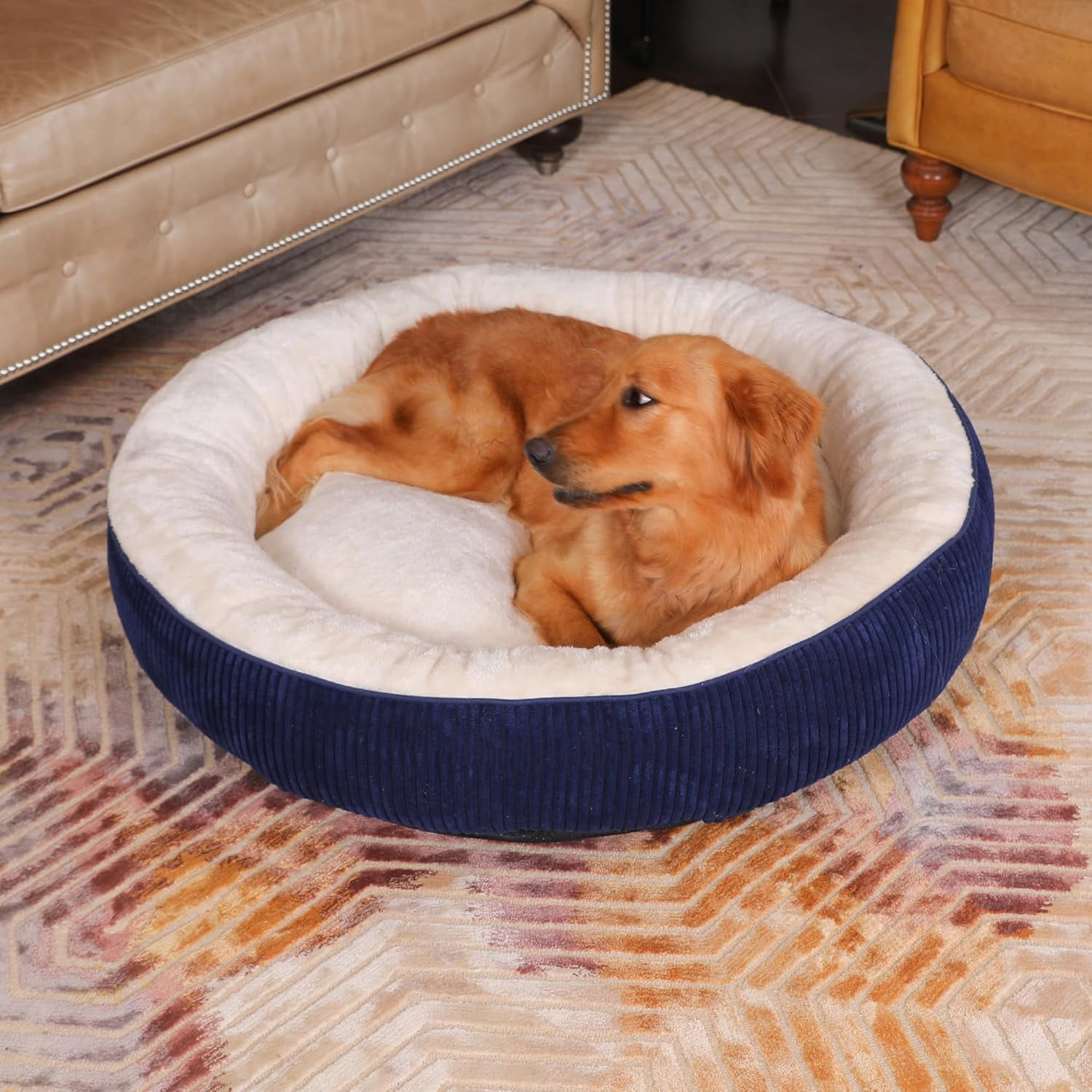 Donut Dog Bed,36 Inches Calming Round Dog Beds for Large Dogs,Washable Anti Anxiety Cuddler Dog Bed with Removable Cover(Navy Blue,Large)