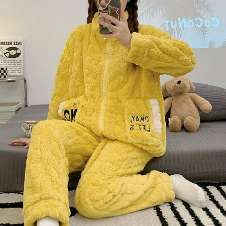 

PIKADINGNIS Women Winter Thicken Style Pajamas Set Zipper Sports style Sweater Velvet Pyjamas for Woman Fashion Girl Warm Sleepwear Set Home