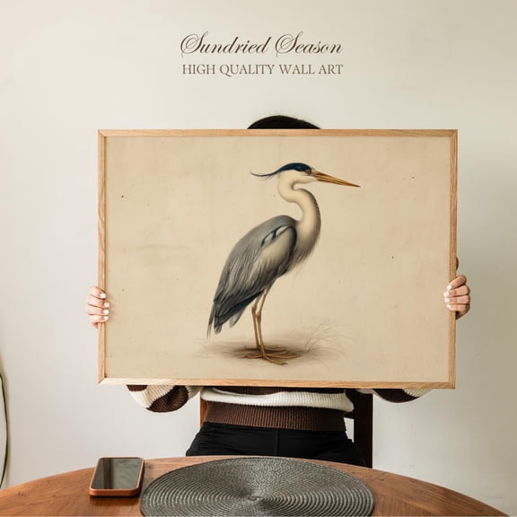 Great Blue Heron Wall Art Print, Antique Shorebird Illustration, Nautical Coastal Decor For Bedroom, Lake House Or Rustic Beach Cabin UNFRAMED Poster, Wall Art for Decor, Present, 8x12