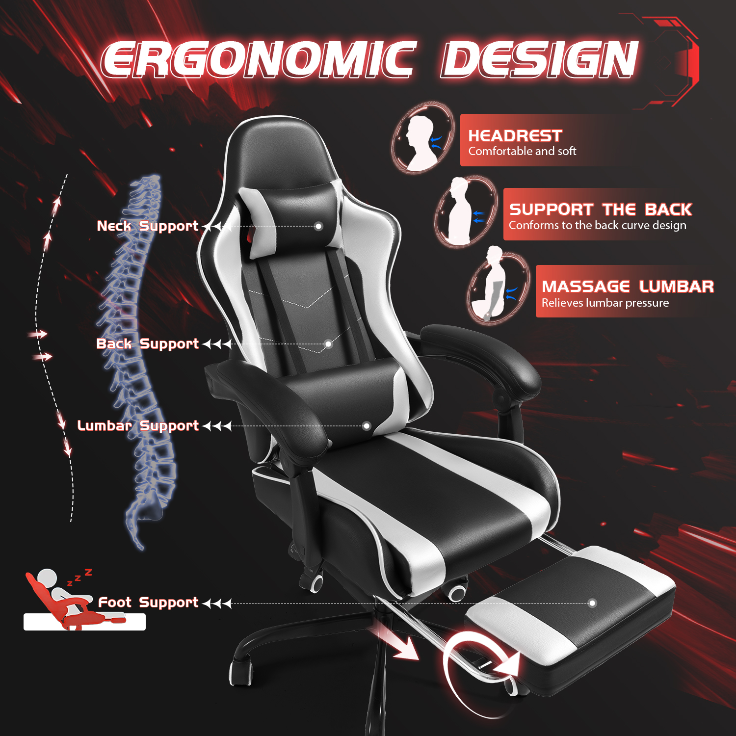 Homall Gaming Chair with Massage, White photo 4
