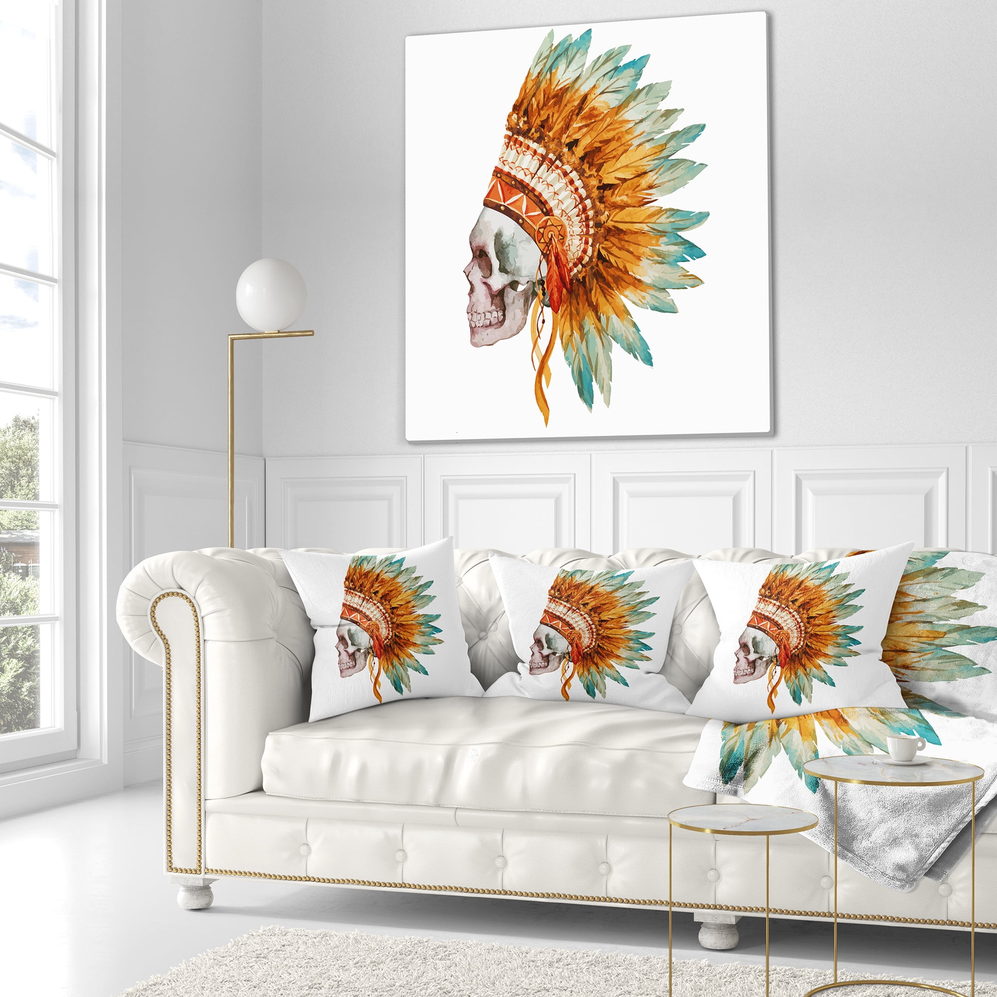 Designart Skull with Feathers - Abstract Throw Pillow - 16x16