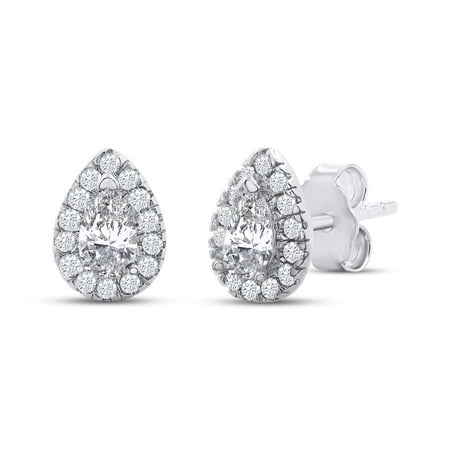 18k White Gold Plated Sterling Silver Post Halo Stud Earrings | 1/2 ctw Teardrop Moissanite Diamond Stud Earrings for Women | Push Back Earrings For Her (0.50 Ctw)
