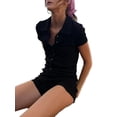 thumbnail image 4 of Nituyy Short Sleeve Jumpsuit Women Bodycon Sexy V Neck Buttons Rompers Shorts Knitted Bodysuit Overall, 4 of 6