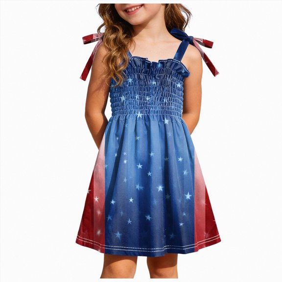 Leey-World Girls 4th Of July Dresses 4th of July Toddler Girl Outfit Baby Fourth of July Stars Dress Sleeveless USA Smocked Dresses Girls Summer Clothes,Size 1-2 Years