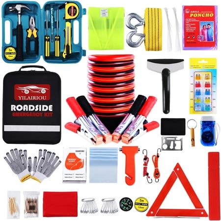YILAIRIOU Roadside Assistance Emergency Kit - Car Emergency Kit with Jumper Cables (Upgraded) Emergency Roadside Kit for Car 142 Pieces Car Safety Kits ,Tow Strap,Tool Kit,Reflective Warning Triangle