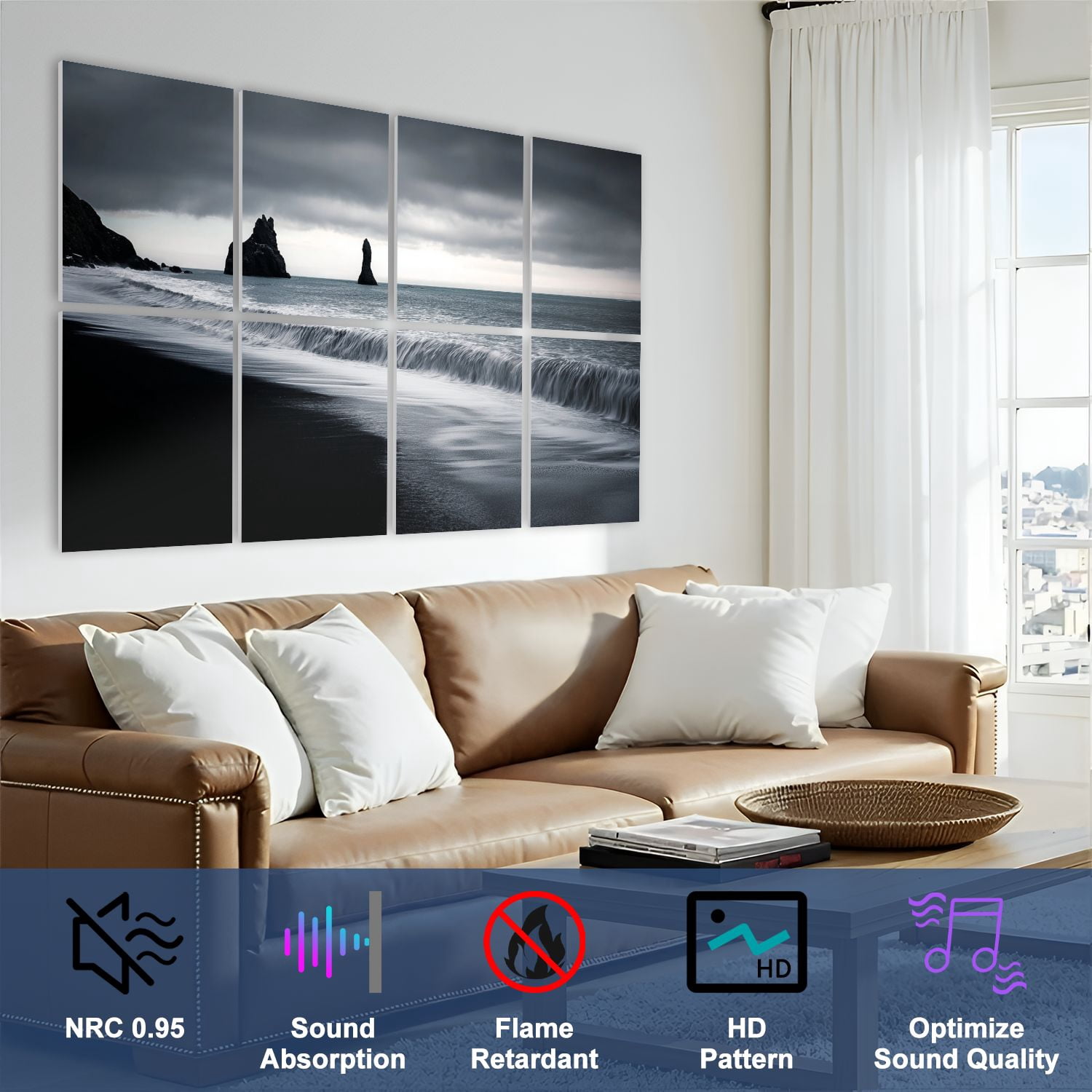 8 Pack Art Acoustic Panels Sound Absorbing Iceland black sand beach Decorative Soundproof Wall Panels Self Adhesive for Nursery Game Room Bedroom 48"x32"