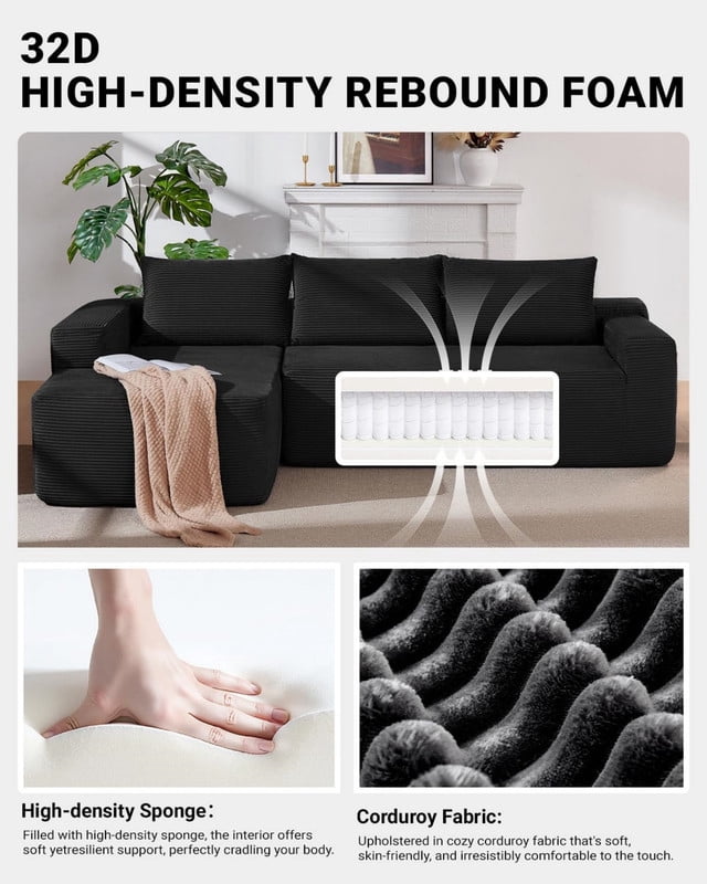 L-Shaped Modular Sectional Sofa with Chaise, 96.9'' Corduroy Boneless Couch Cloud Sofa with Deep Seat for Living Room Bedroom