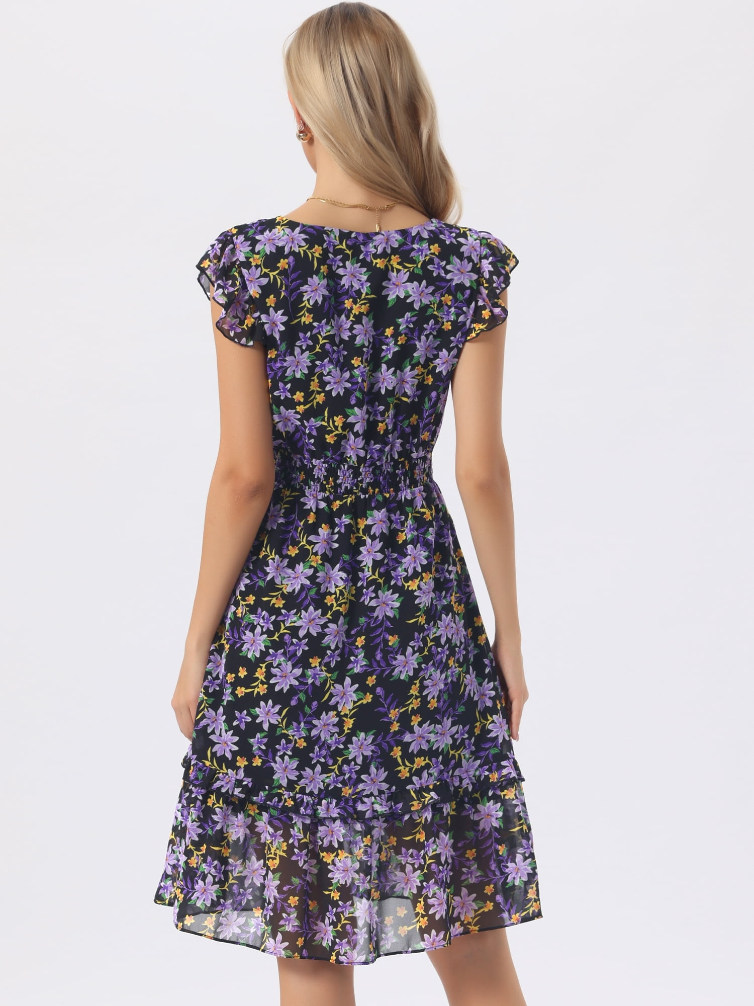DARING DIVA Women's Floral Summer V Neck Flutter Sleeve Ruffle Dress M Purple Black
