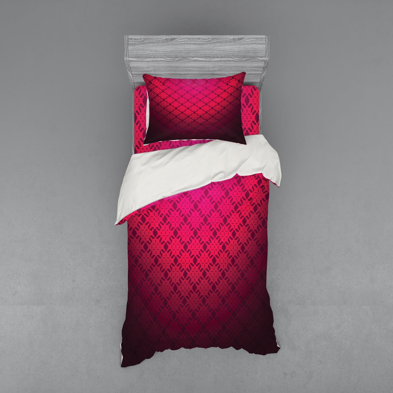 Magenta Duvet Cover Set, Damask Textured Geometric Romantic Style