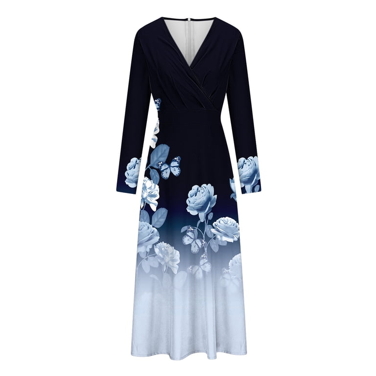 chinese dress ladies Womens Printed Long Dress Loose Pleated Dress Long Sleeve A Line Long Maxi  Dresses Red One Size at Amazon Women's Clothing store main image 0