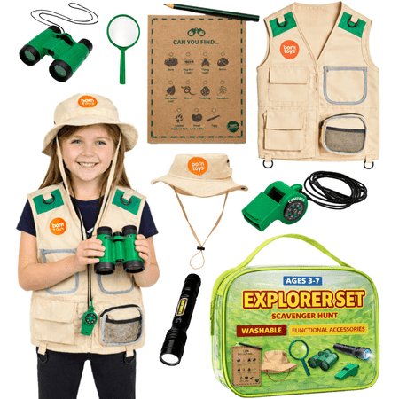 Born Toys Explorer Set Outdoor Paleontologist Costume with Washable Safari Vest and Adventure Kit for Kids Ages 3-7