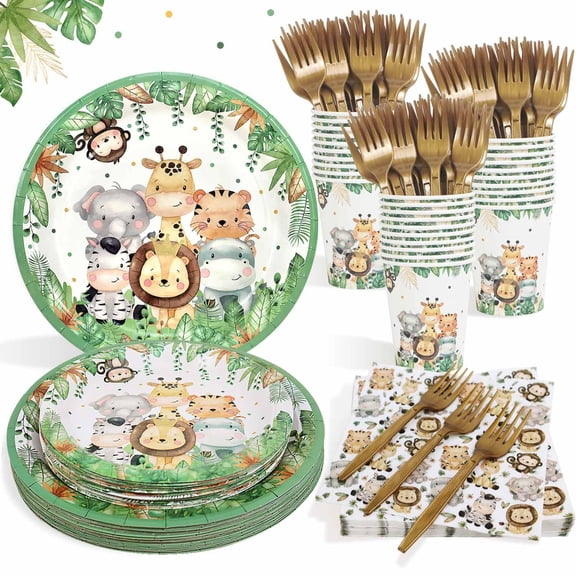 Safari Jungle Baby Shower Plates Set Decorations Boy Birthday Party Supplies Serves 25,Sage Green Plates Napkins Cups and Forks Animals Theme Disposable Tableware Set C113