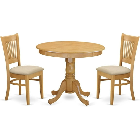 HomeStock 3 Piece Dining Set Includes a Round Dining Room Table with Pedestal and 4 Wood Seat Chairs, 36x36 Inch in Oak