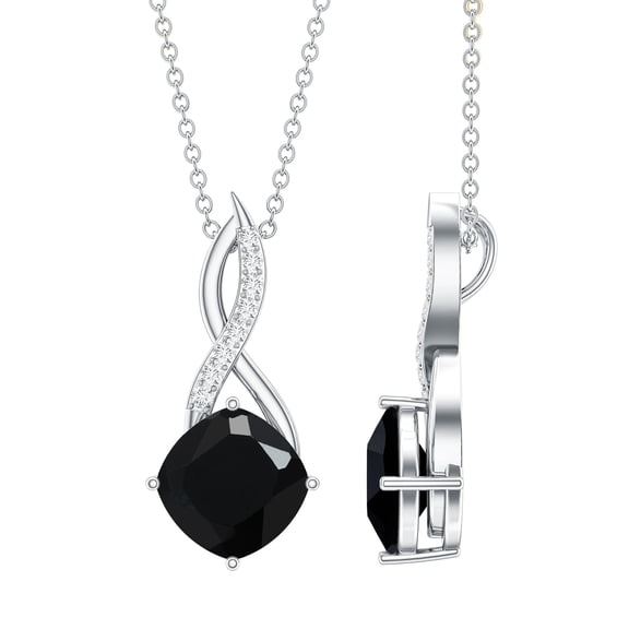 Rosec Jewels Natural Black Spinel Infinity Pendant Necklace with Diamond (8 mm Cushion Cut Spinel, AAA Quality) - Ready to Gift, 925 Sterling Silver